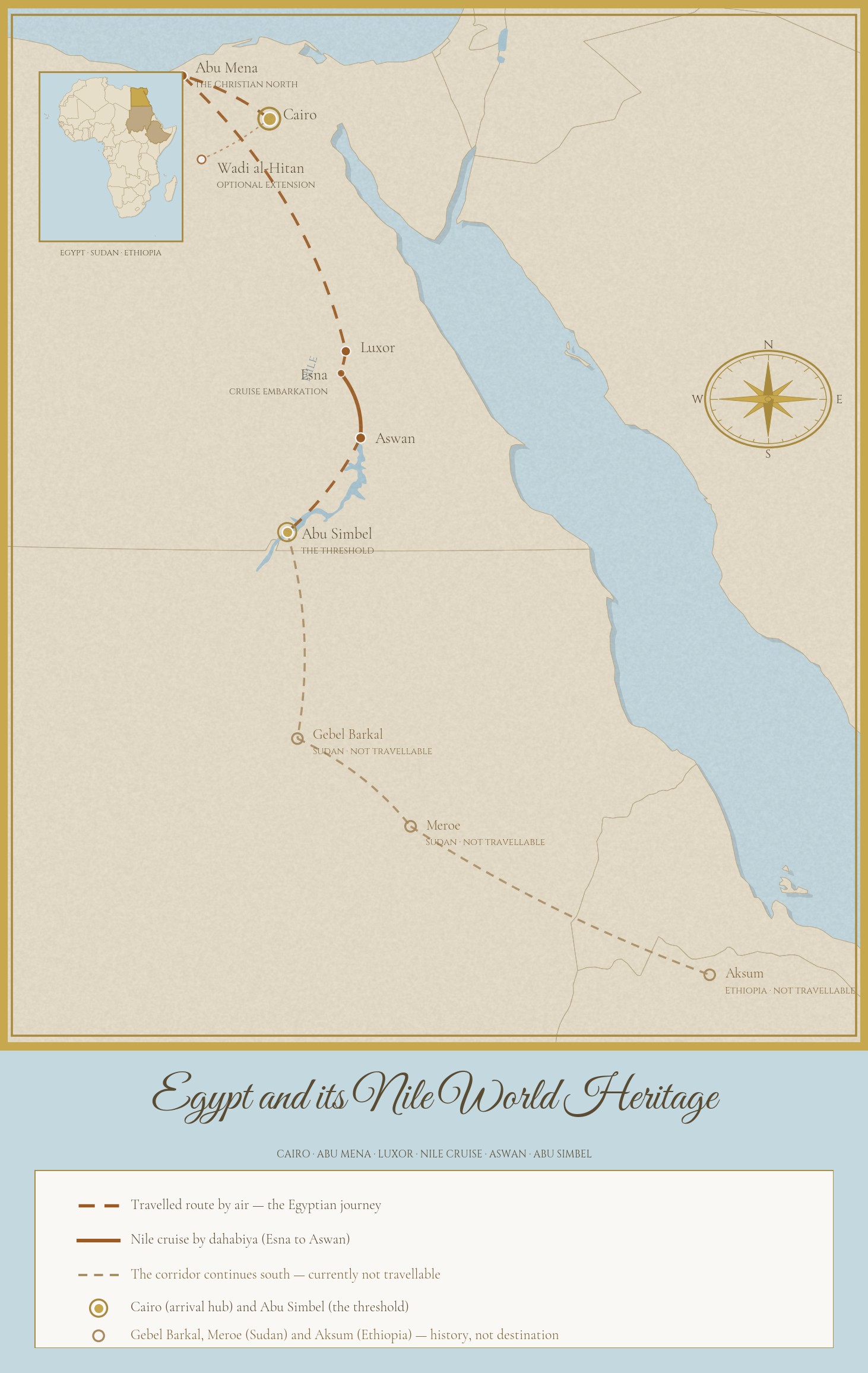Antique-style route map of the Nile Corridor showing the travelled Egyptian journey from Cairo to Luxor, the Nile cruise to Aswan and Abu Simbel, with the southern continuation of the corridor marked as currently not travellable: the Nubian sites of Gebel Barkal and Meroe in Sudan and the site of Aksum in the Ethiopian highlands.