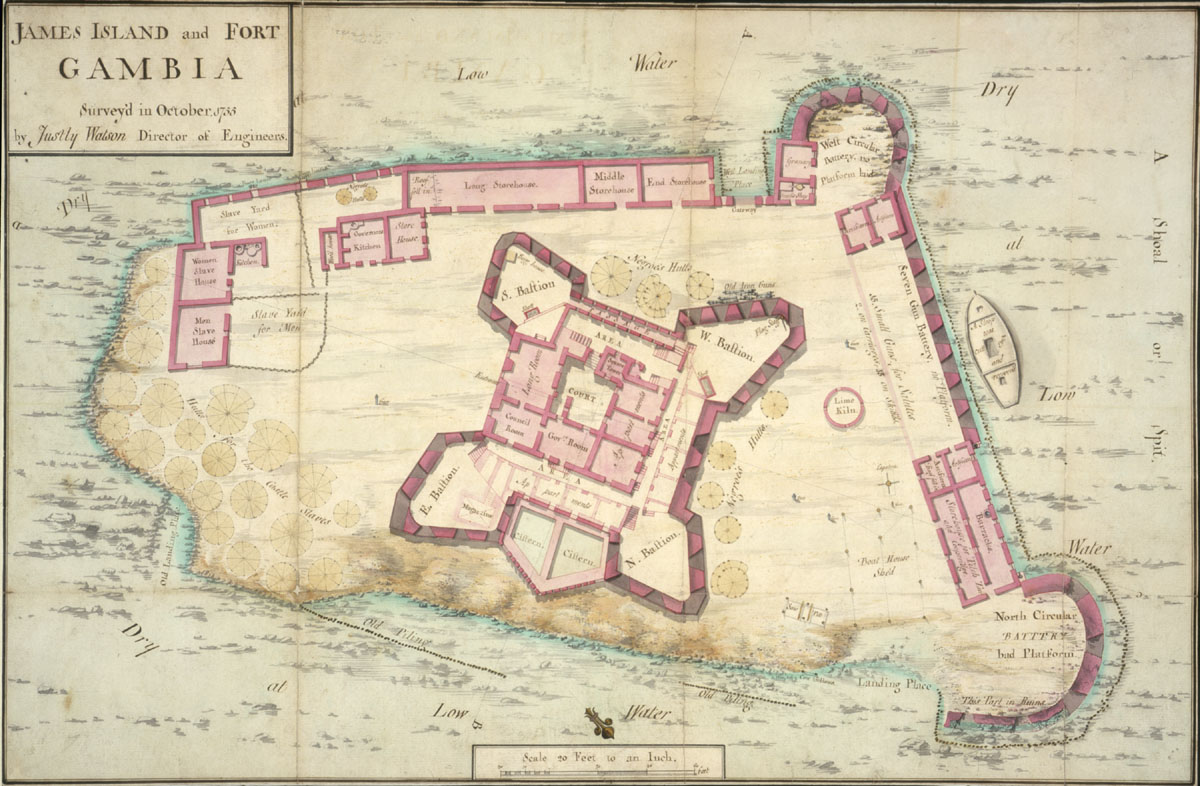 A 1755 survey plan of James Island and Fort Gambia, showing the fort and the structures of the slave trade, including the slave yards and slave houses.
