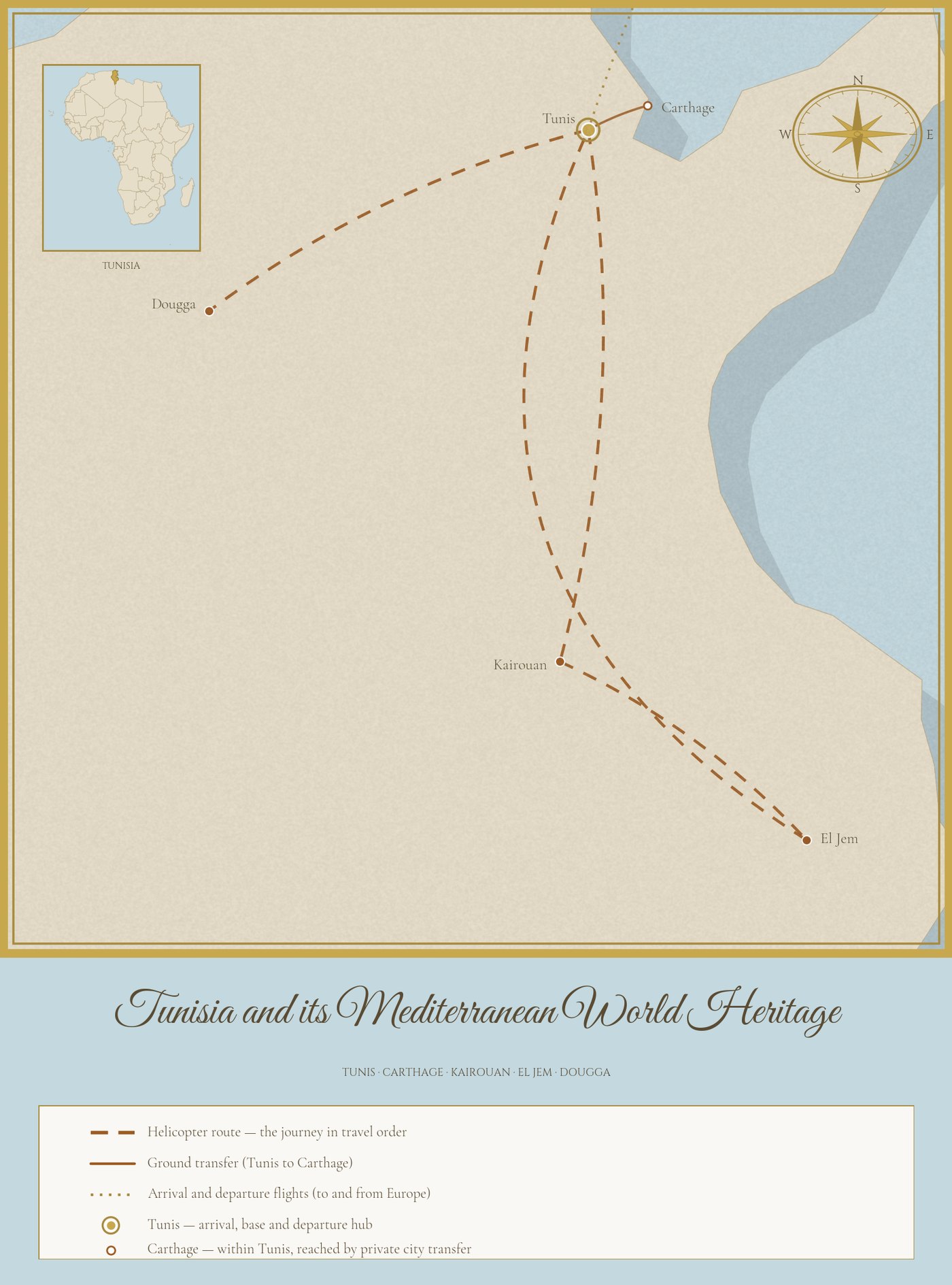 Antique-style route map of Tunisia showing the journey by helicopter from Tunis to Kairouan and El Jem, the day excursion to Dougga, and the ground transfer to Carthage.